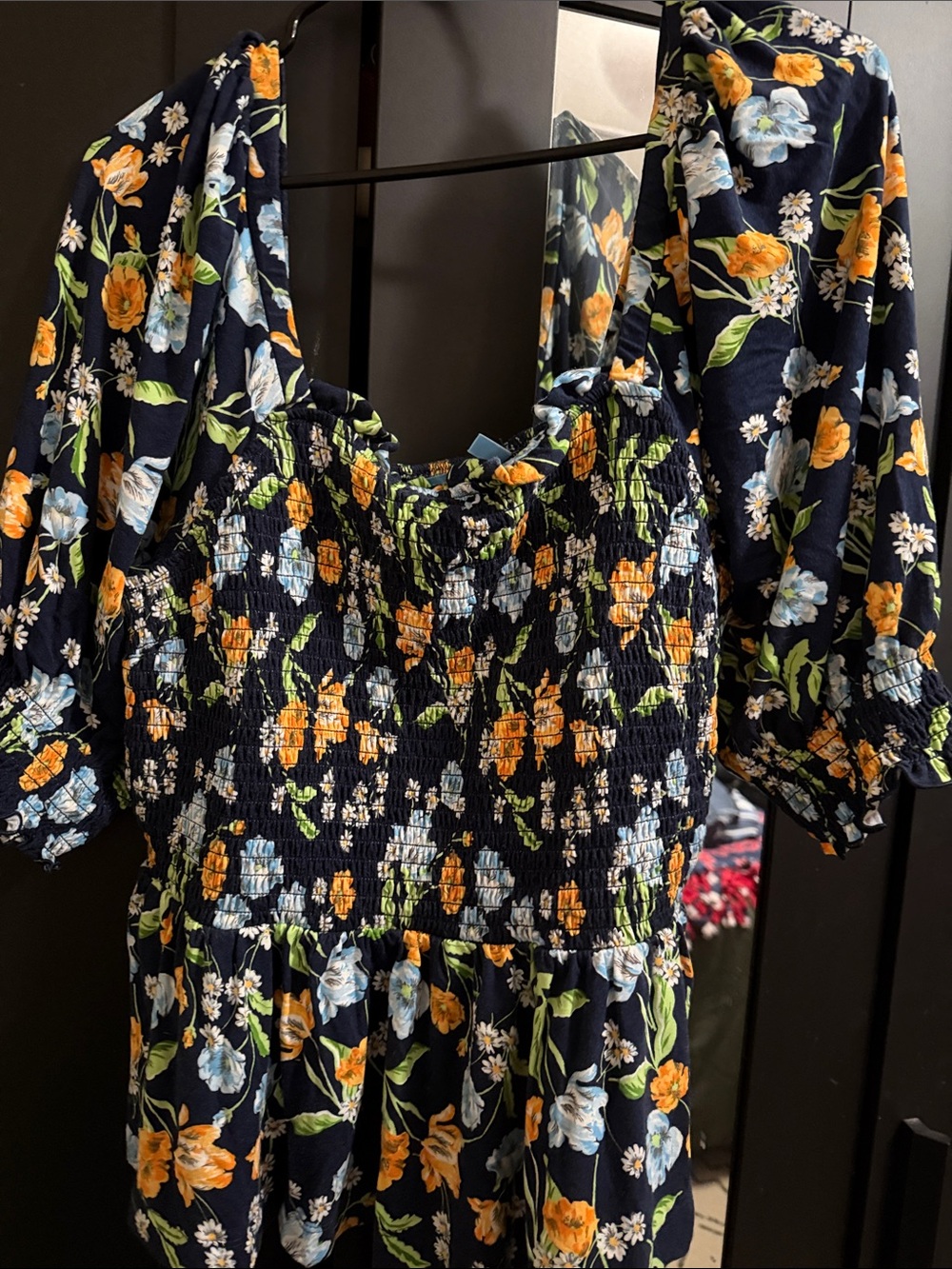 Draper James Navy Smocked Floral Tunic with Orange & Light Blue Blooms